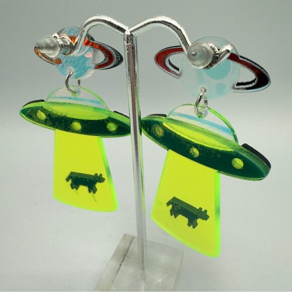 Alien Cow Spaceship Earrings - Neon Green and Black - Acrylic Earrings Pierced - Picture 4 of 7